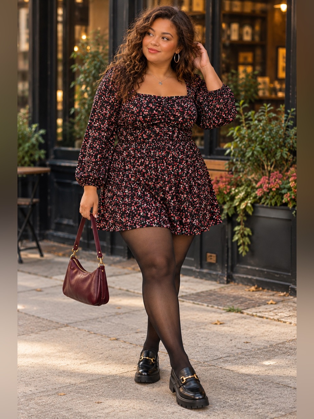 Liberty Love 2XL Black Pink Floral Ruched Long Sleeve Mini Dress Fall